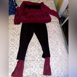 Size large puma set tights and jacket maroon and black in color